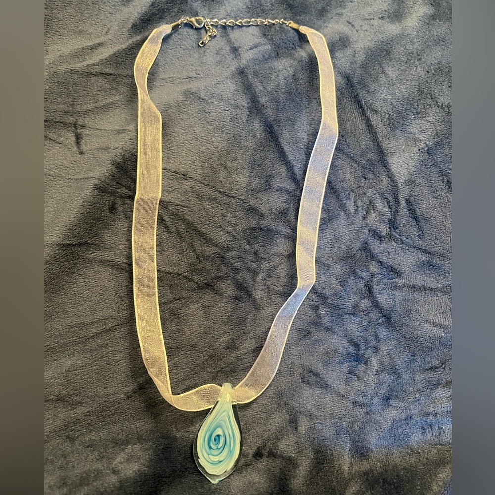 Necklace/white ribbon, blue glass pendant, silver lobster clasp, NWOT